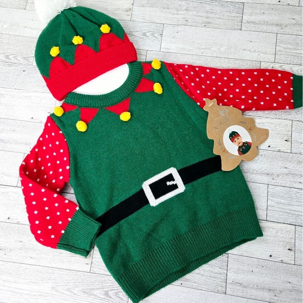 So'Dorable Baby Elf Holiday Christmas Sweater Set Matching Hat Beanie 6-12 Month